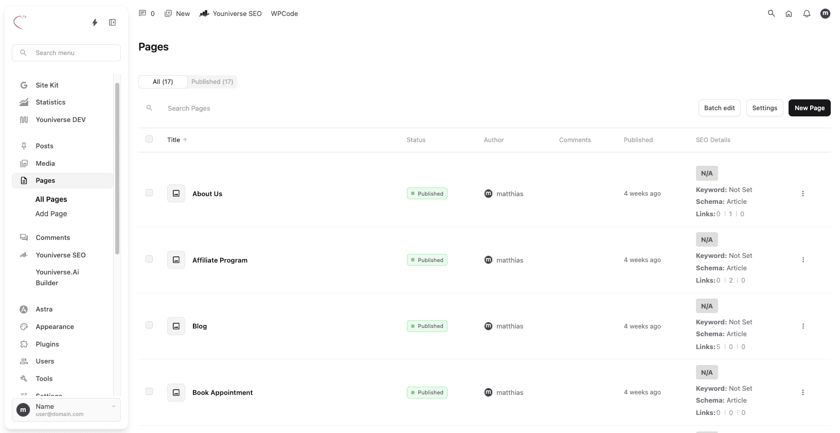 Youniverse WordPress hosting dashboard