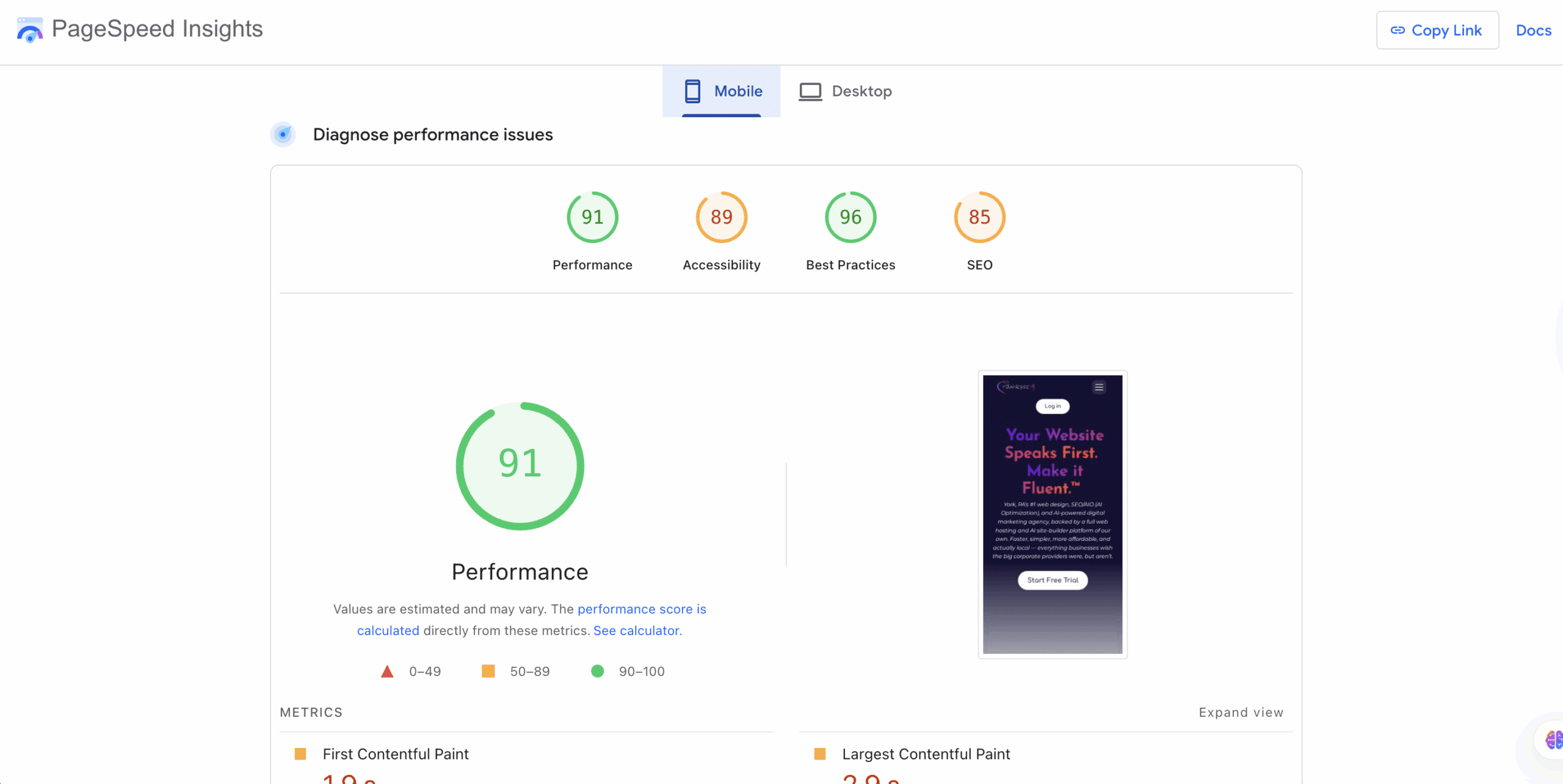 Youniverse.Ai Google Pagespeed score